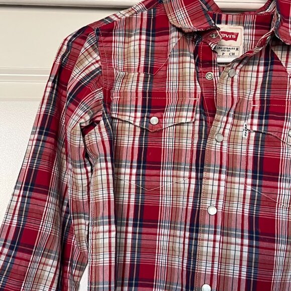 Levi's Pearl Snap Button Red Plaid Long Sleeve Western Cowboy Shirt Small 8-10 - Picture 3 of 11